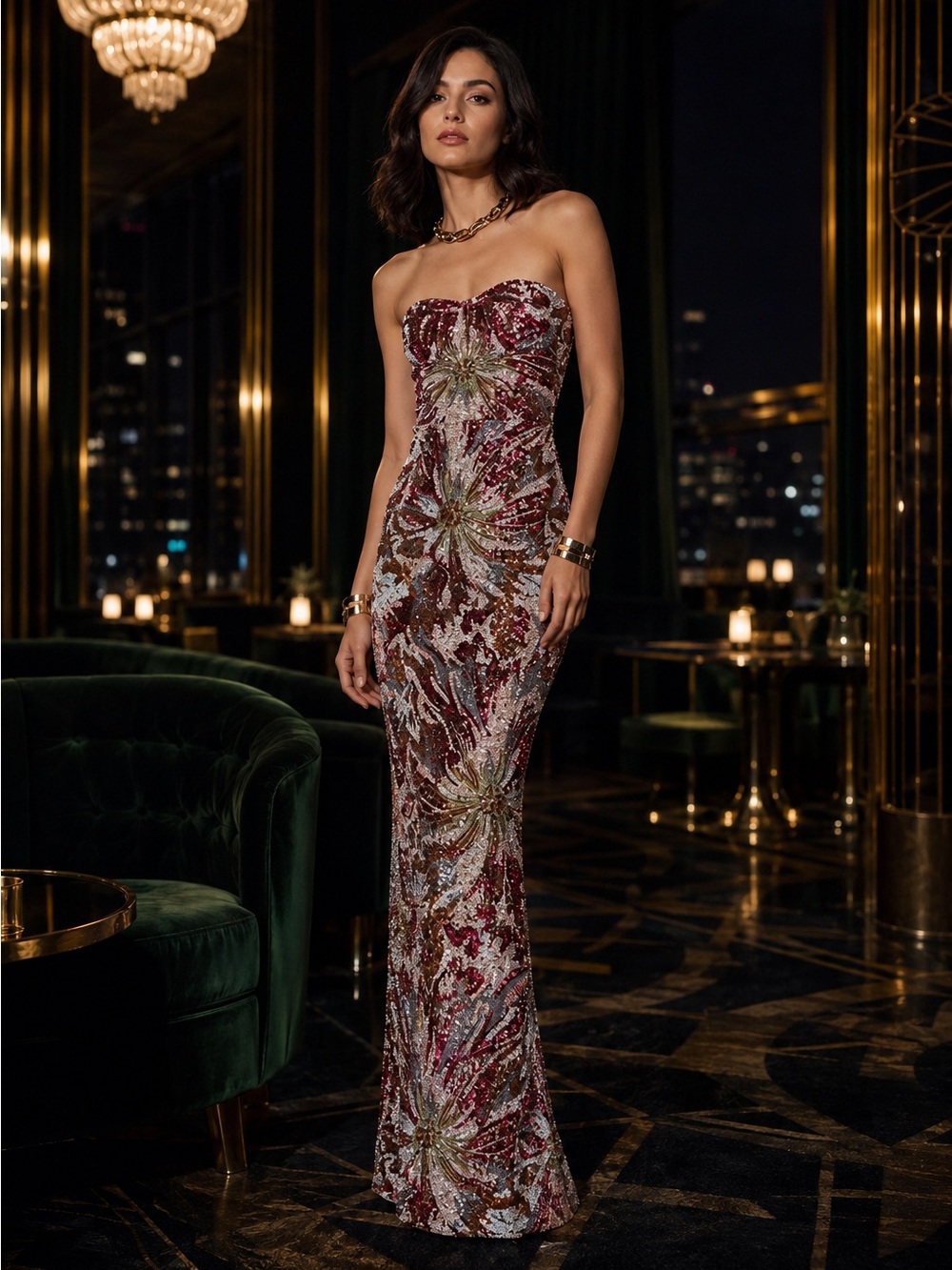 Bronx and Banco Firework Detail Strapless Burgundy Multi Sequin Gown NWOT